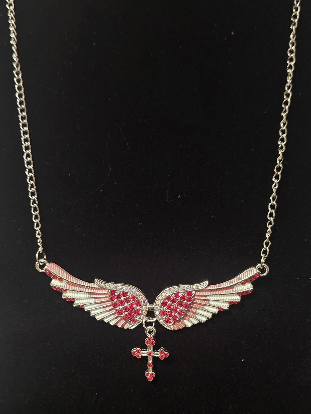 Red Rhinestone Angel Wing Cross Necklace Crystal Pendant Fashion Jewelry Glamour